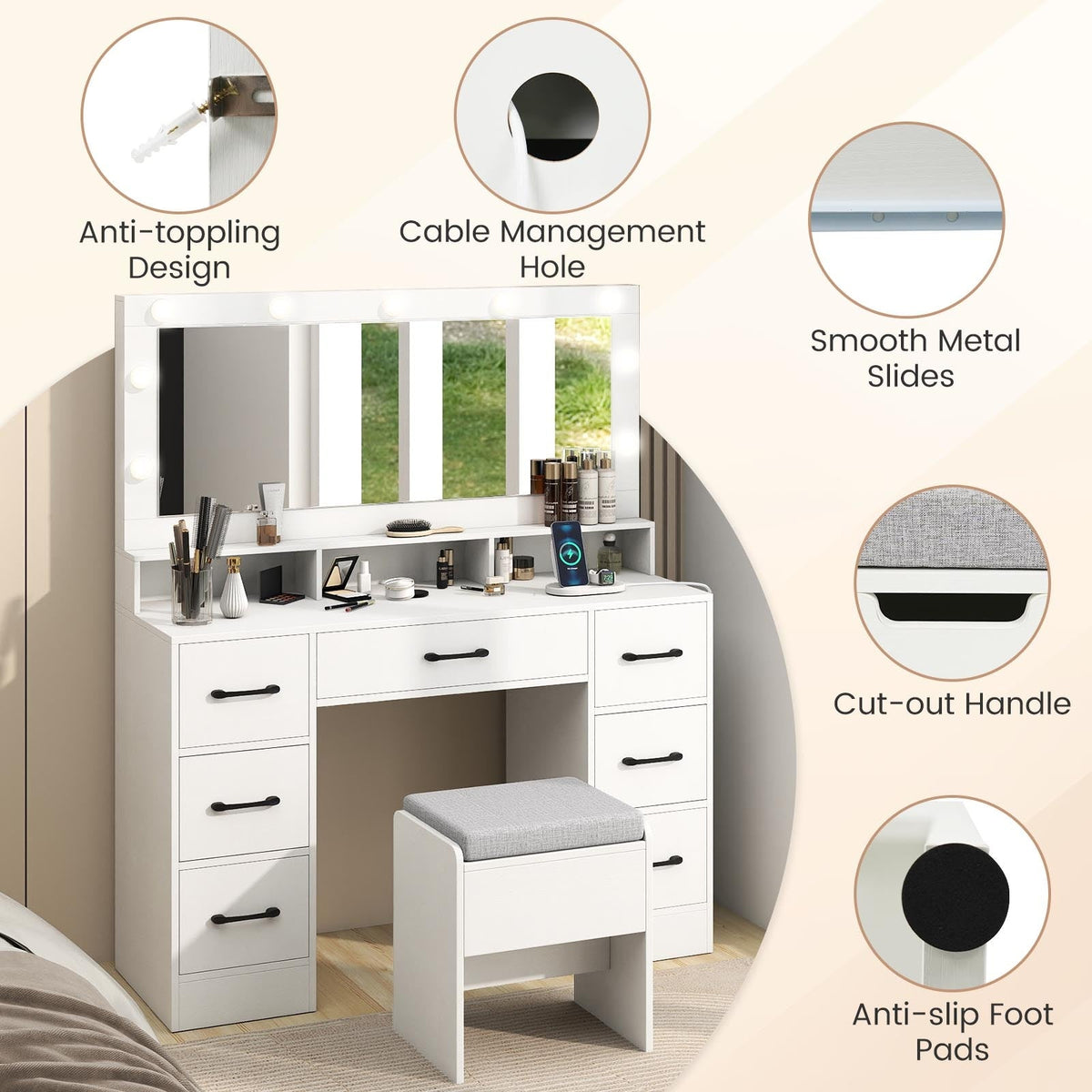 Vanity Desk with Hollywood Mirror & Built-In Power Outlets