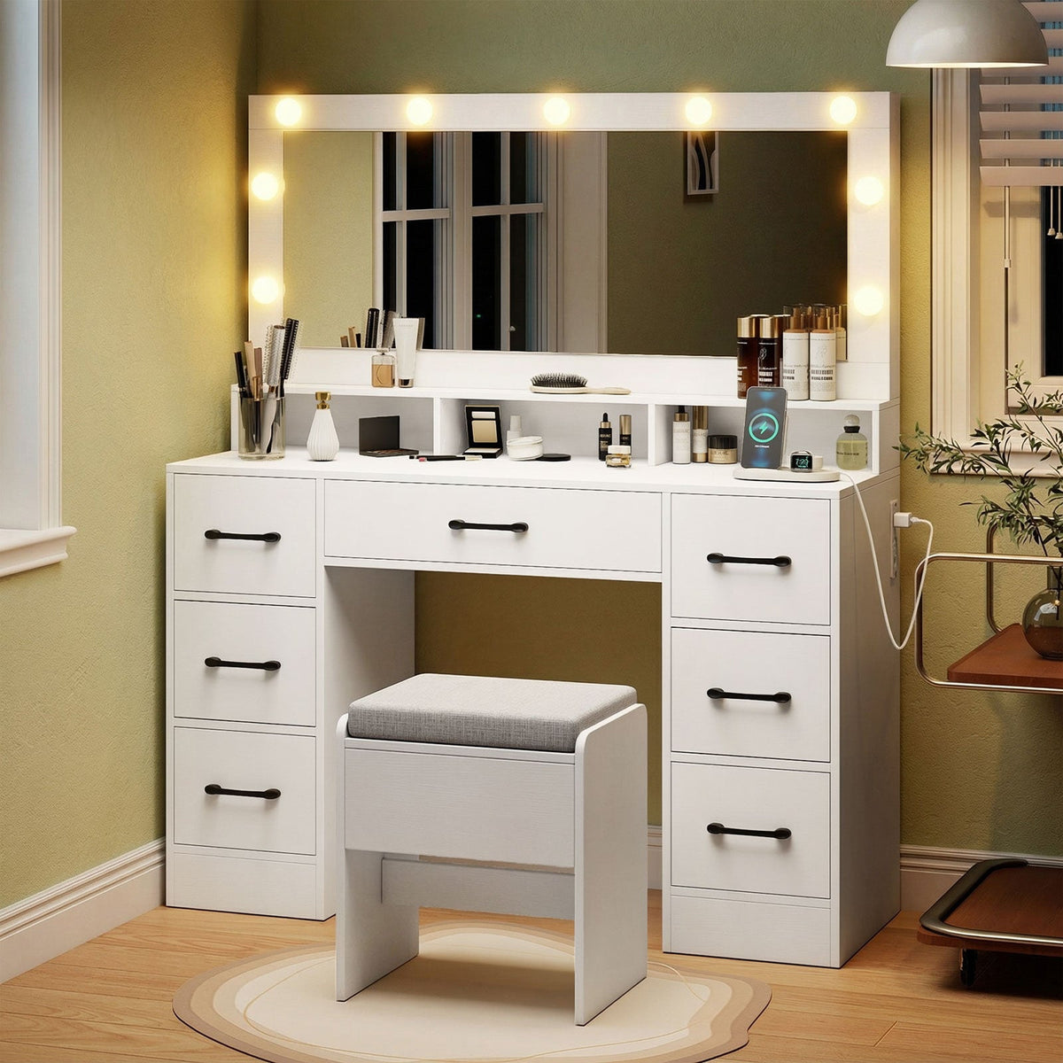 Vanity Desk with Hollywood Mirror & Built-In Power Outlets