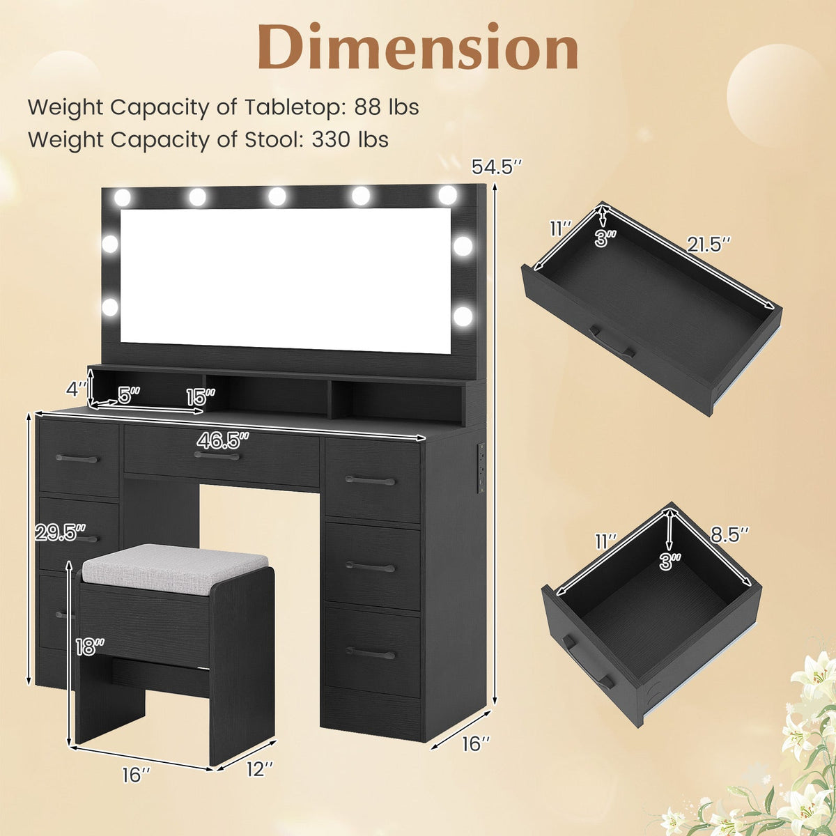 Vanity Desk with Hollywood Mirror & Built-In Power Outlets