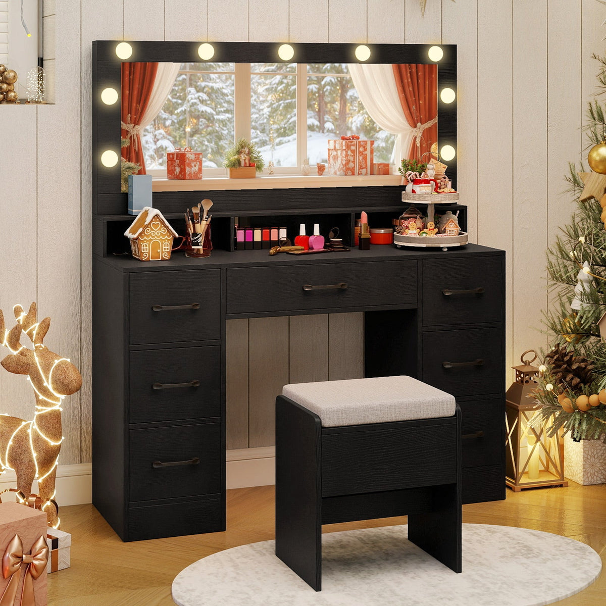 Vanity Desk with Hollywood Mirror & Built-In Power Outlets