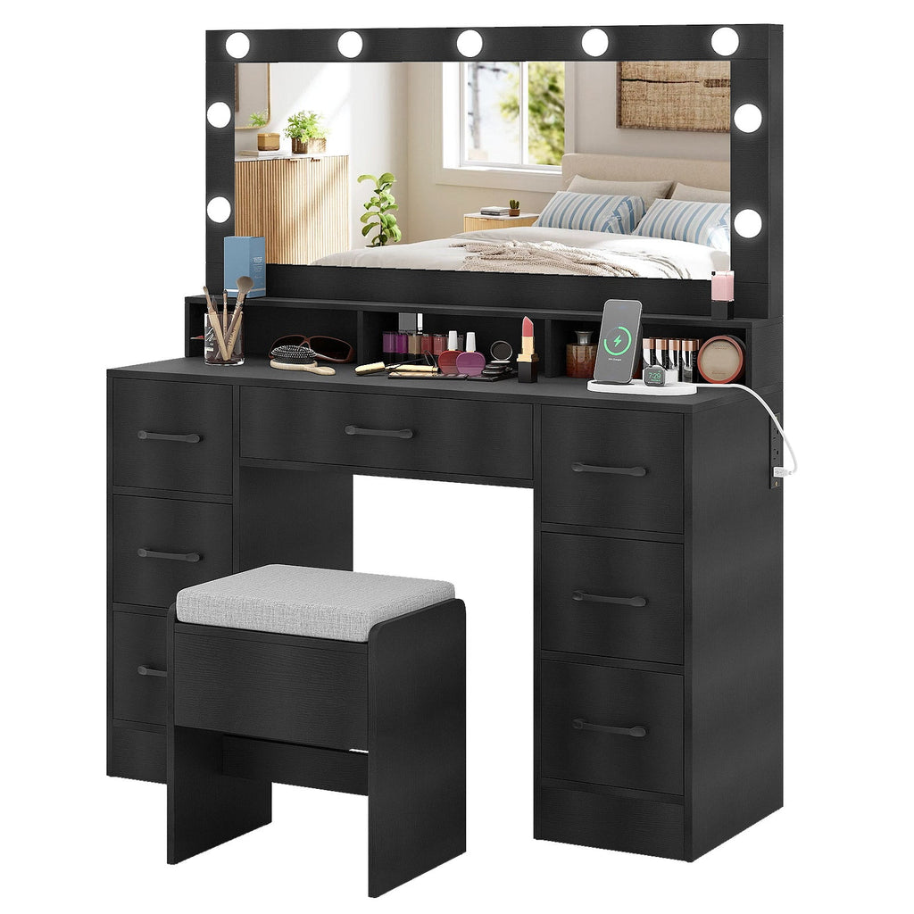 Vanity Desk with Hollywood Mirror & Built-In Power Outlets