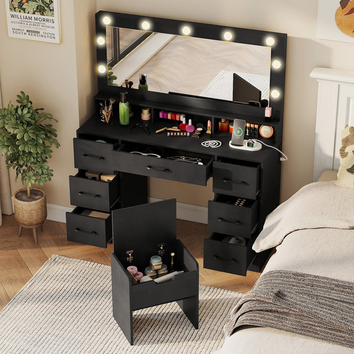 Vanity Desk with Hollywood Mirror & Built-In Power Outlets