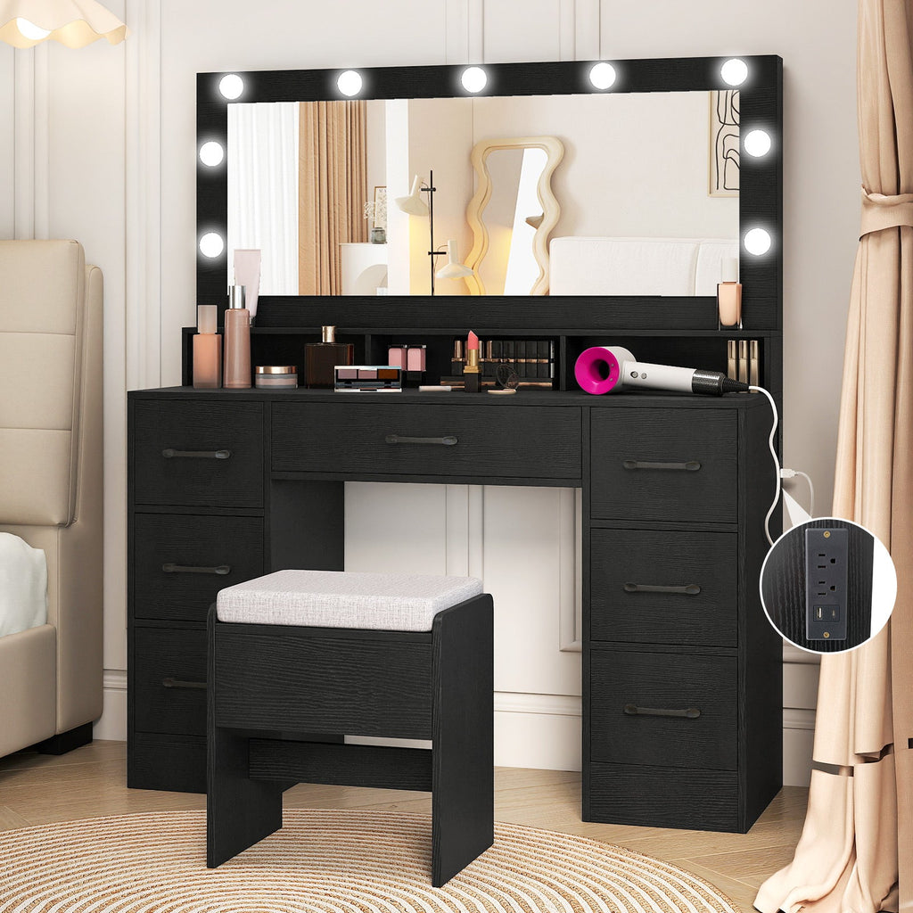 Vanity Desk with Hollywood Mirror & Built-In Power Outlets