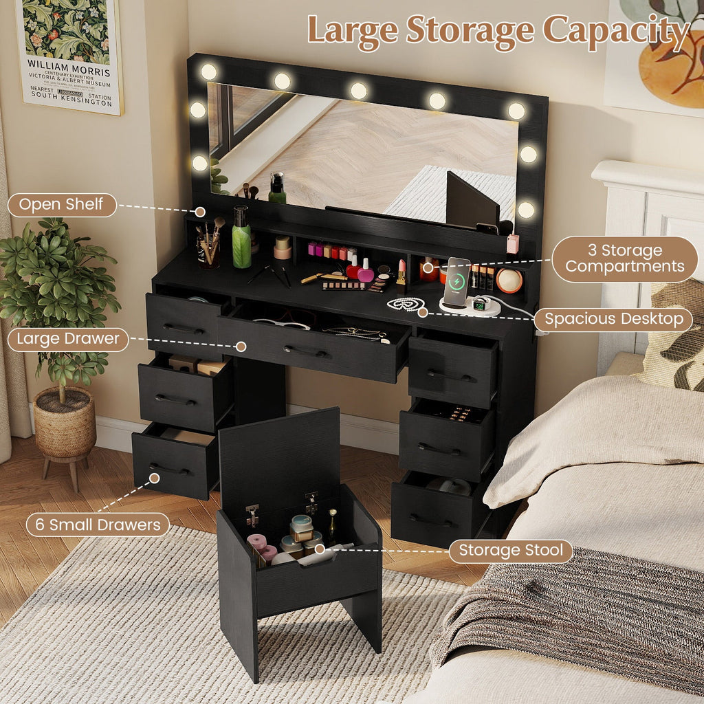 Vanity Desk with Hollywood Mirror & Built-In Power Outlets