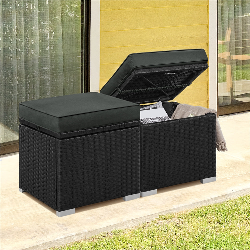 2-Piece Outdoor Rattan Storage Ottoman Set with Cushions