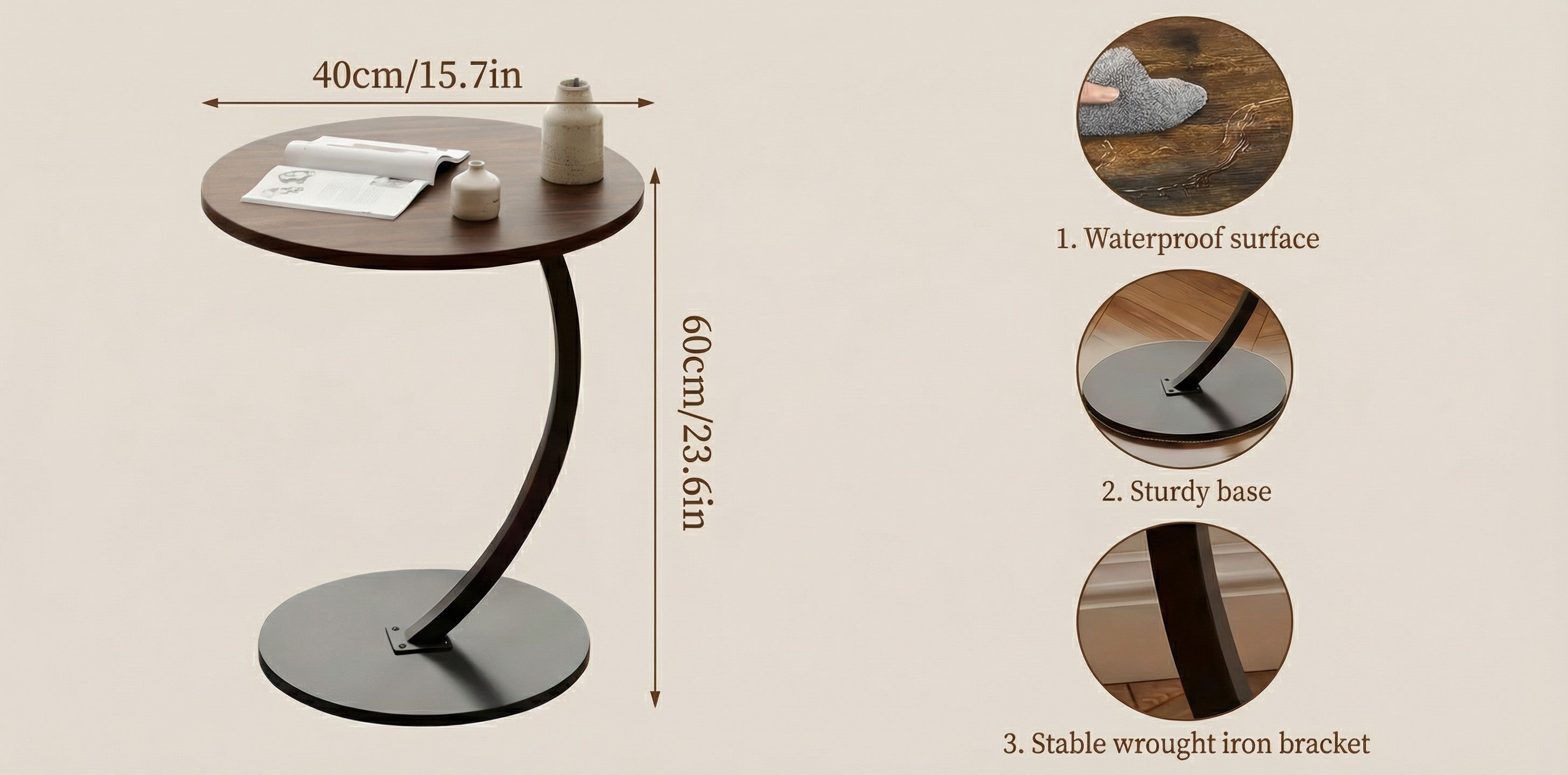 Modern Side Table – Round, C-Shape & Petal | Waterproof Surface, Wrought Iron Frame | Walnut, Black, White
