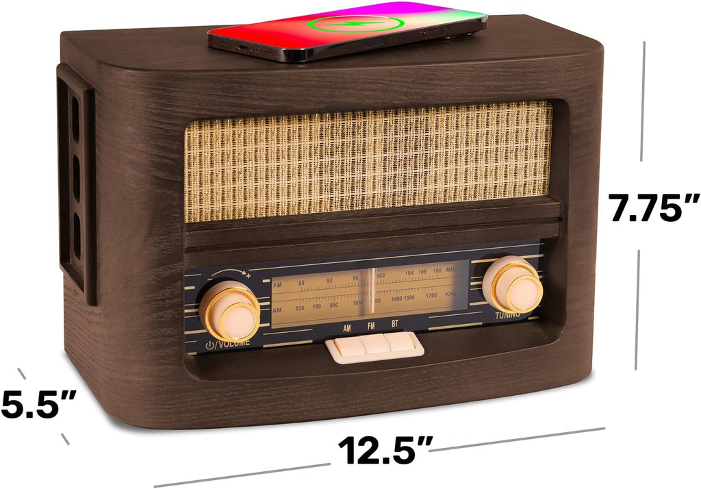 Retro Vintage Radio with Qi Wireless Charging, Bluetooth 5.1 & AM/FM