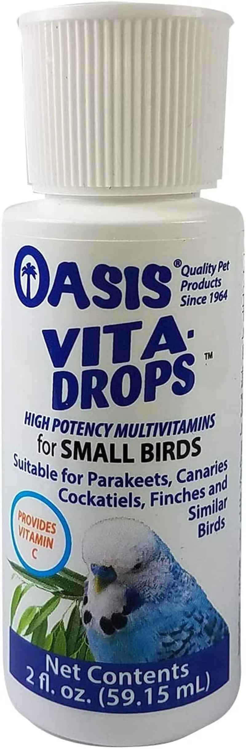 Bottle of Oasis Vita-Drops for small birds with a parakeet illustration on the label.