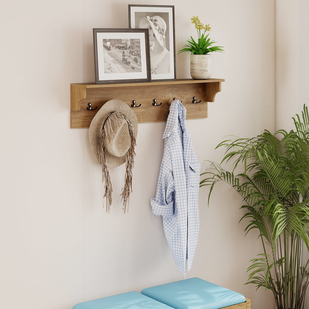 Wooden Wall Coat Rack with Shelf & 6 Hooks