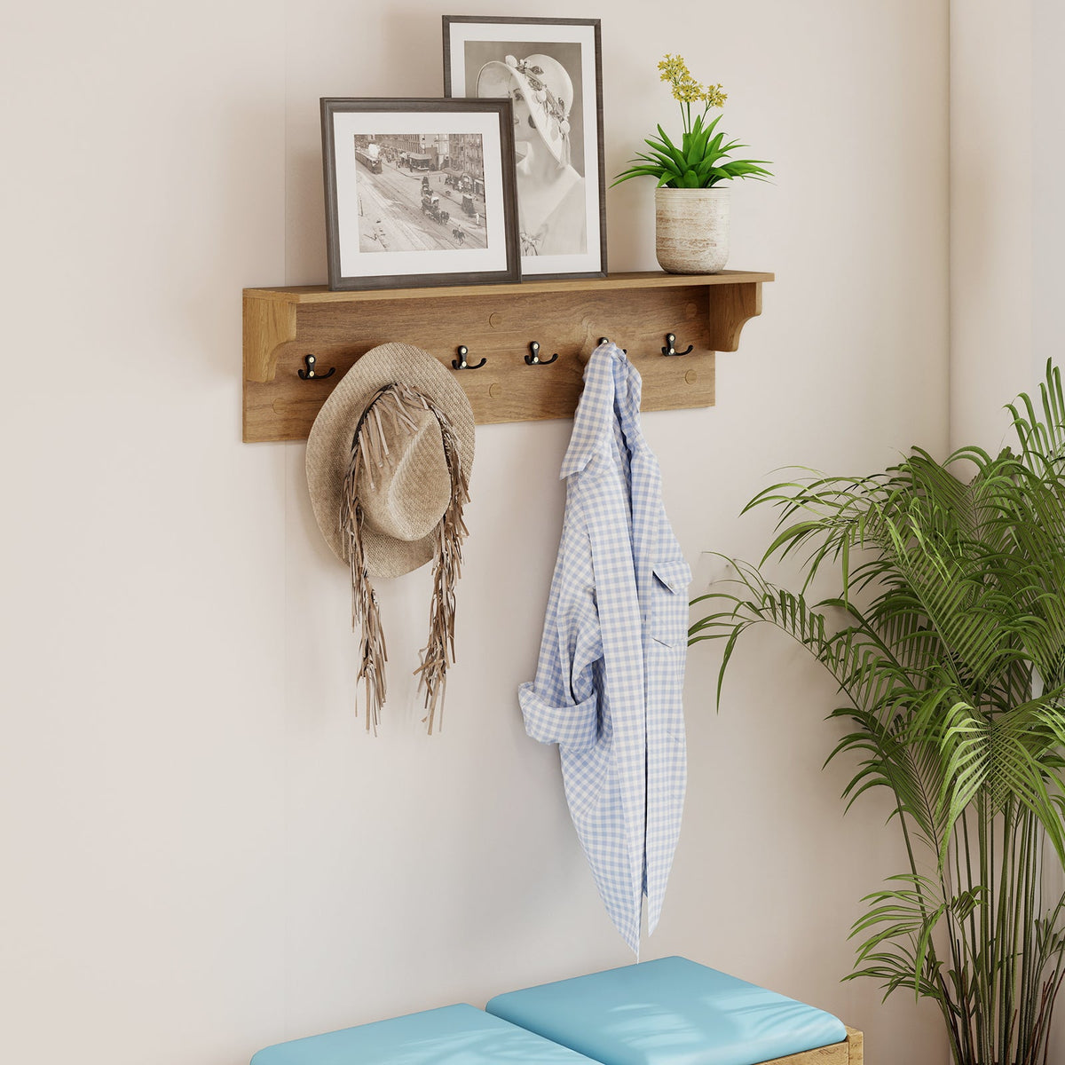 Wooden Wall Coat Rack with Shelf & 6 Hooks