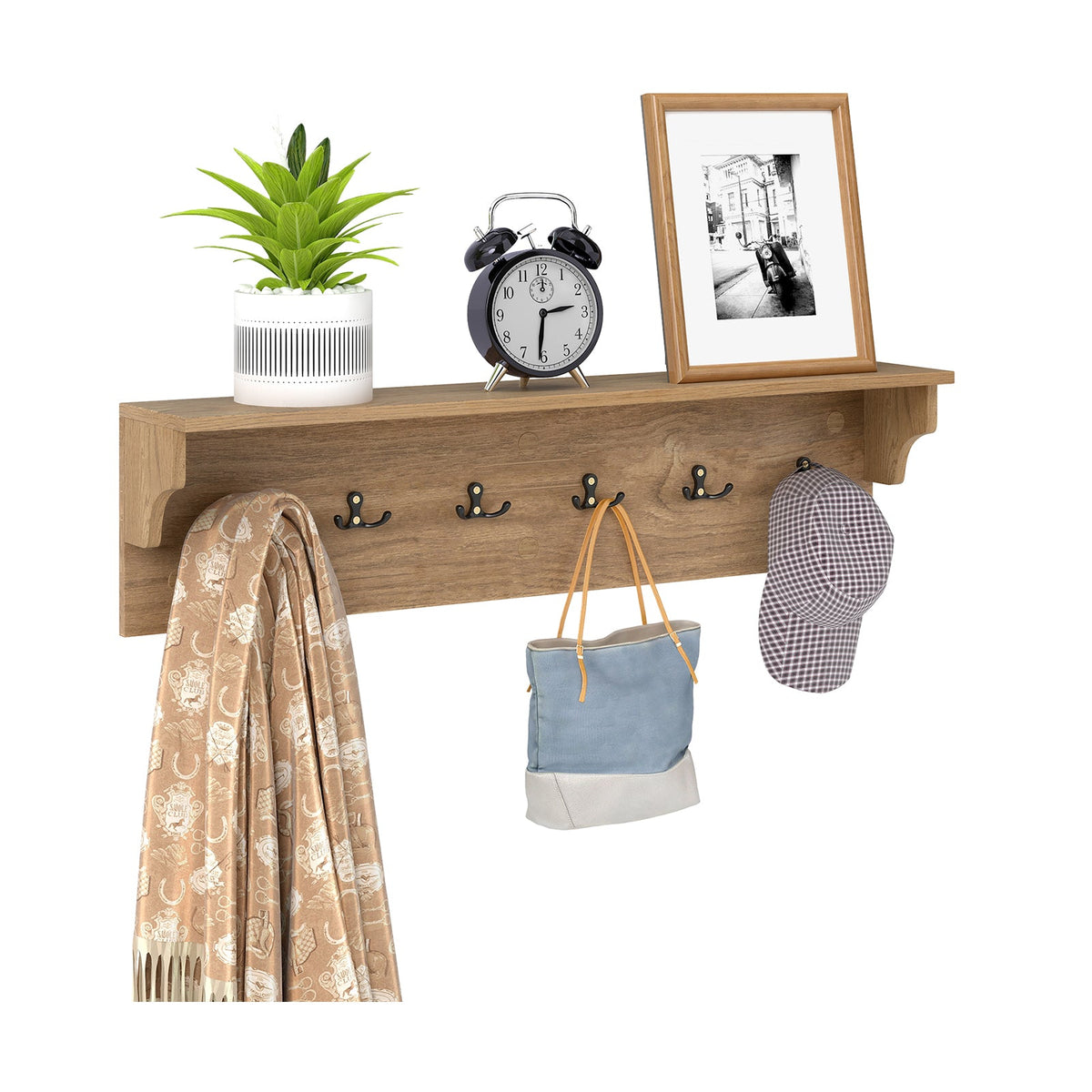 Wooden Wall Coat Rack with Shelf & 6 Hooks