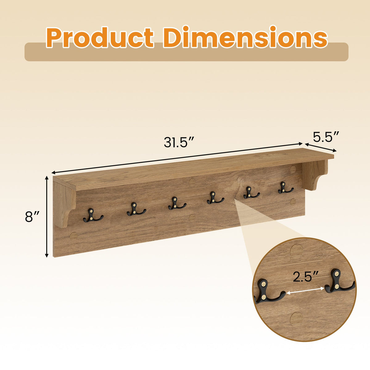 Wooden Wall Coat Rack with Shelf & 6 Hooks