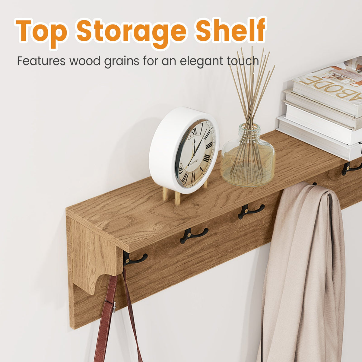 Wooden Wall Coat Rack with Shelf & 6 Hooks