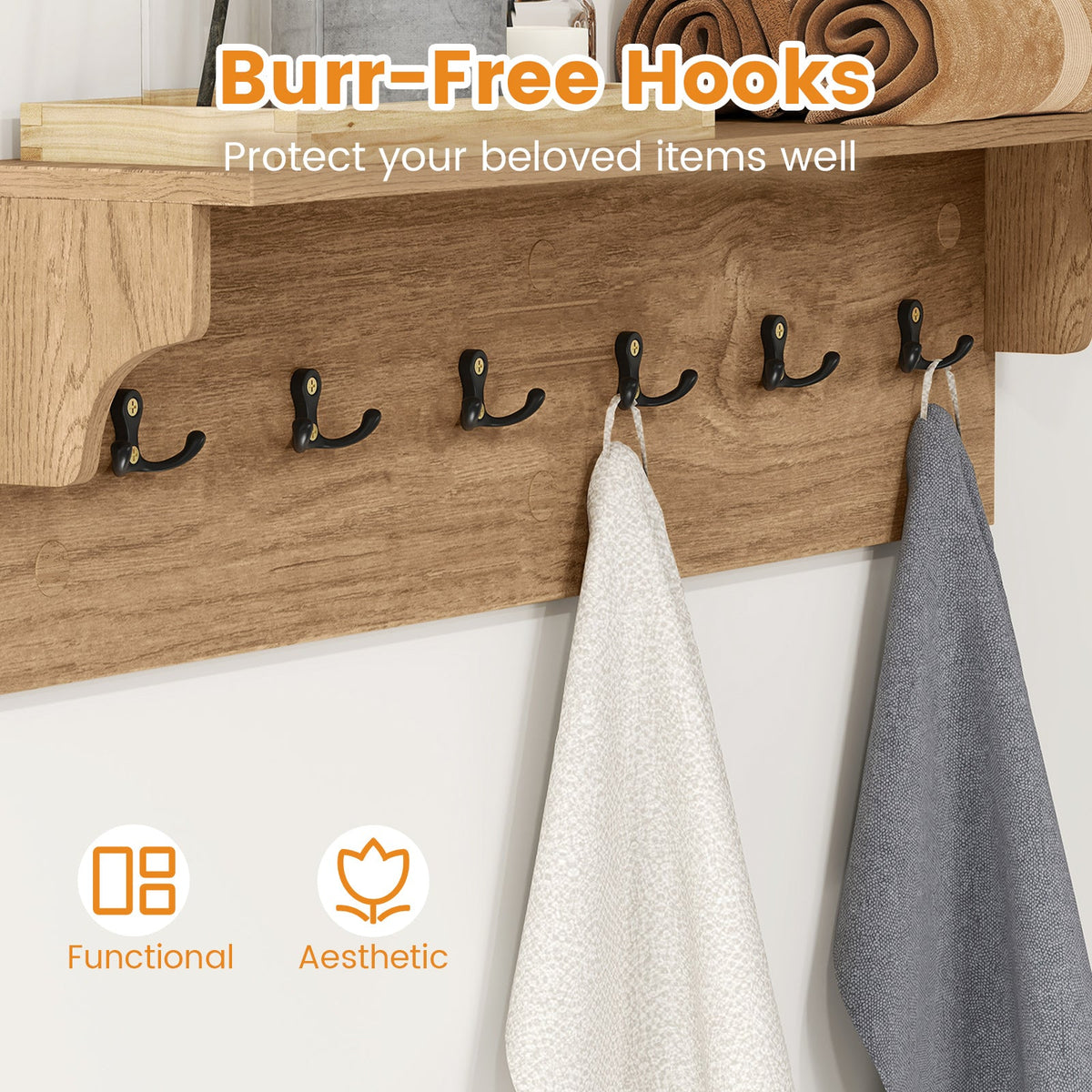 Wooden Wall Coat Rack with Shelf & 6 Hooks