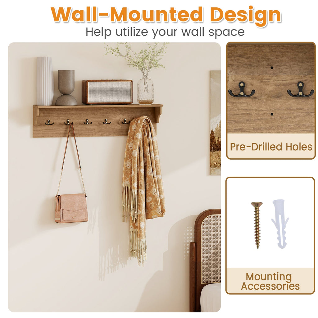 Wooden Wall Coat Rack with Shelf & 6 Hooks