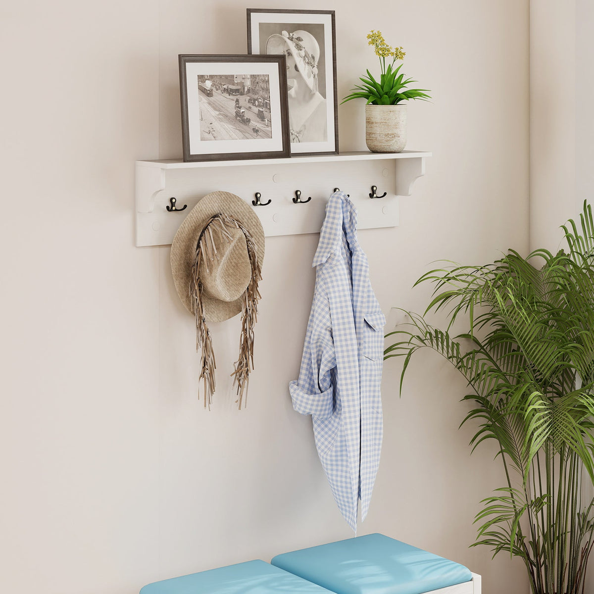 Wooden Wall Coat Rack with Shelf & 6 Hooks