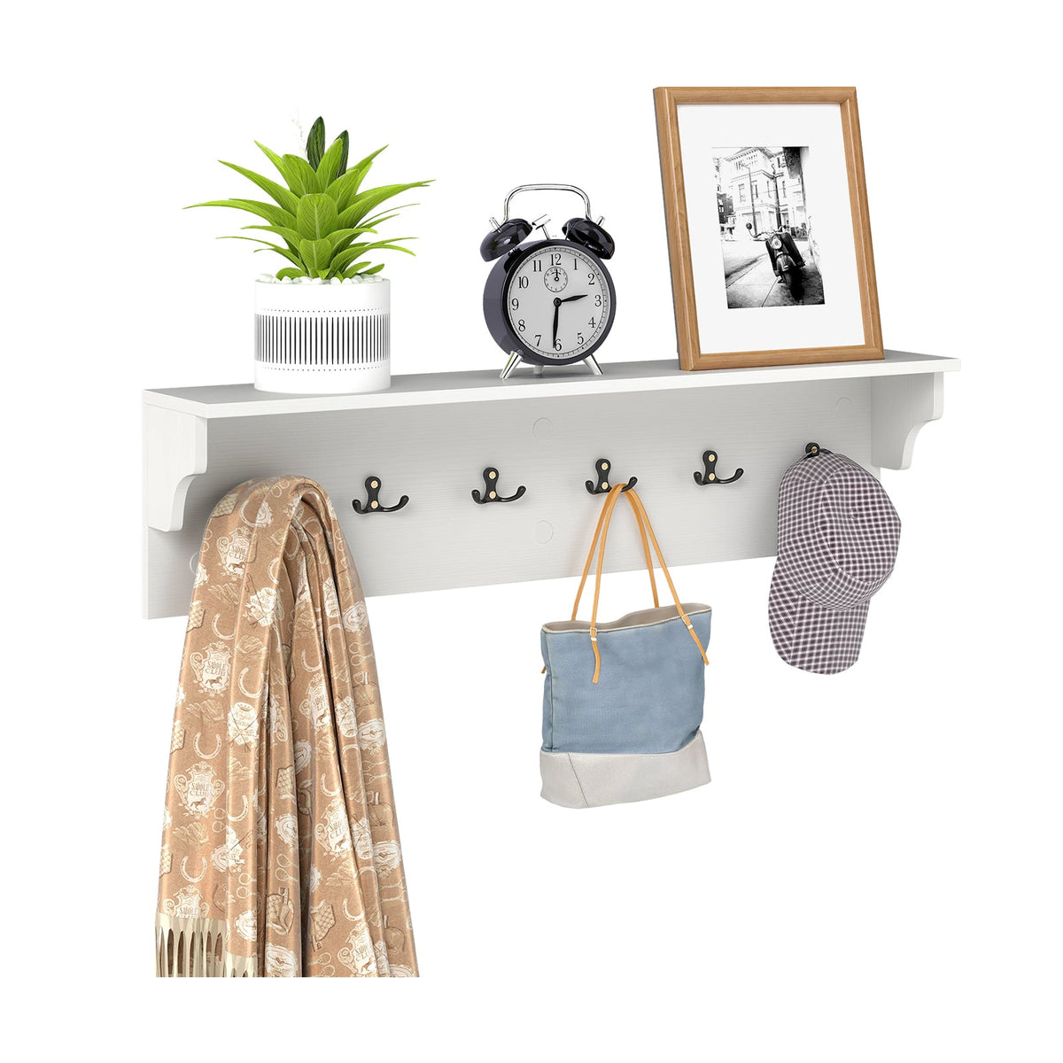 Wooden Wall Coat Rack with Shelf & 6 Hooks