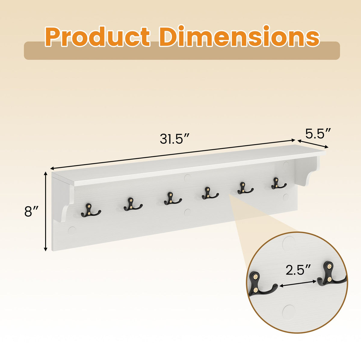 Wooden Wall Coat Rack with Shelf & 6 Hooks
