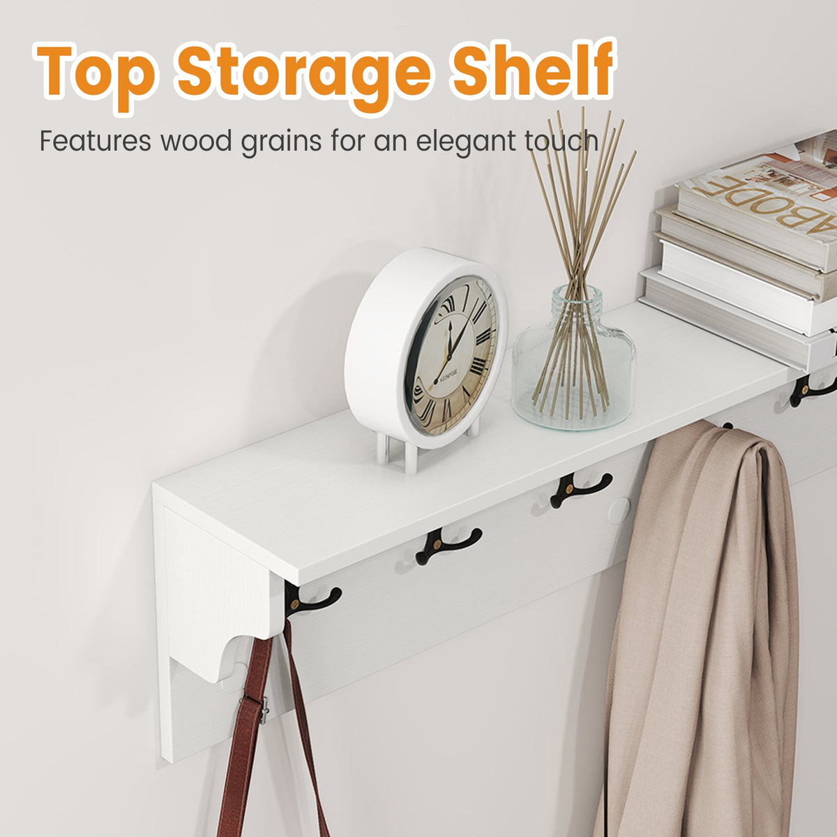 Wooden Wall Coat Rack with Shelf & 6 Hooks