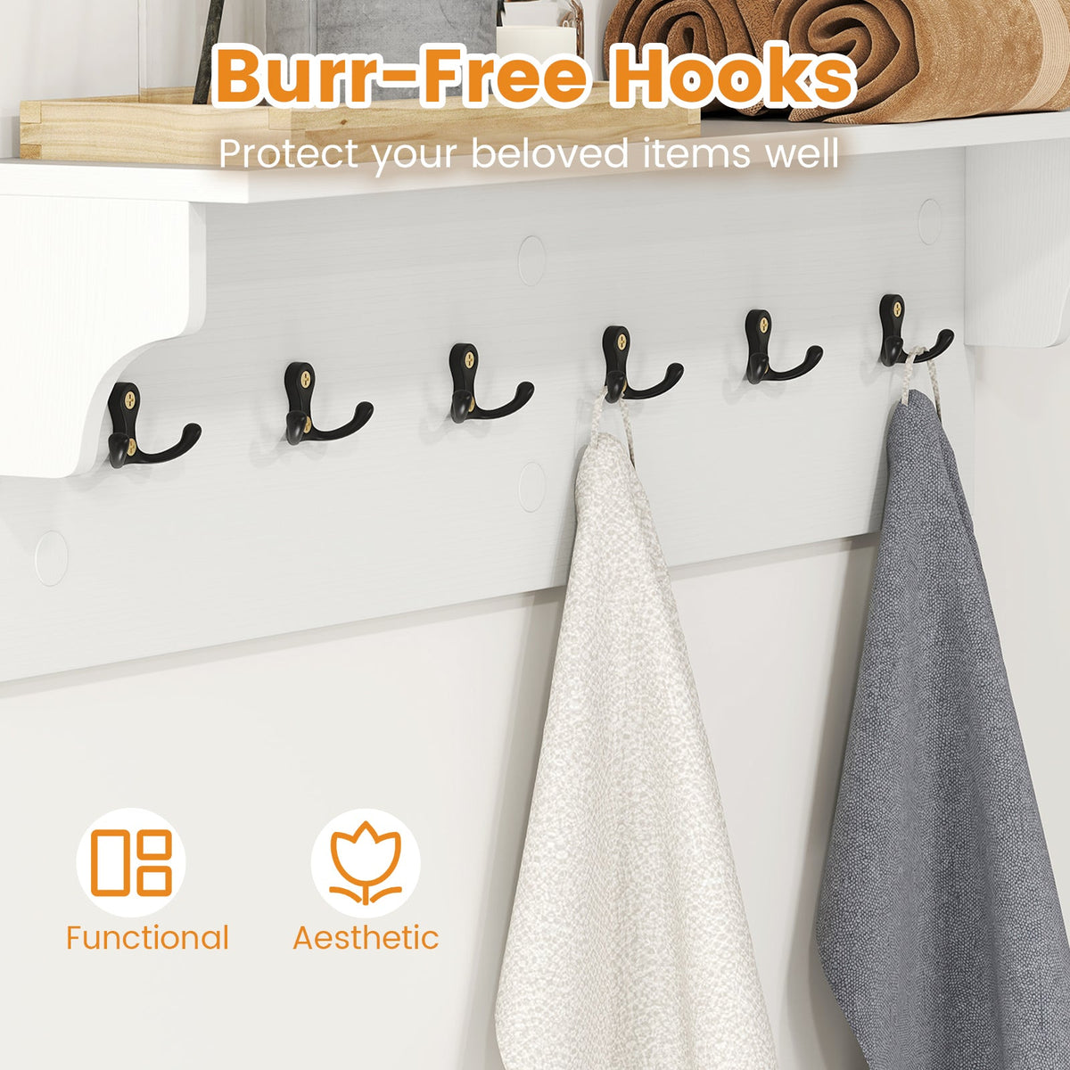 Wooden Wall Coat Rack with Shelf & 6 Hooks