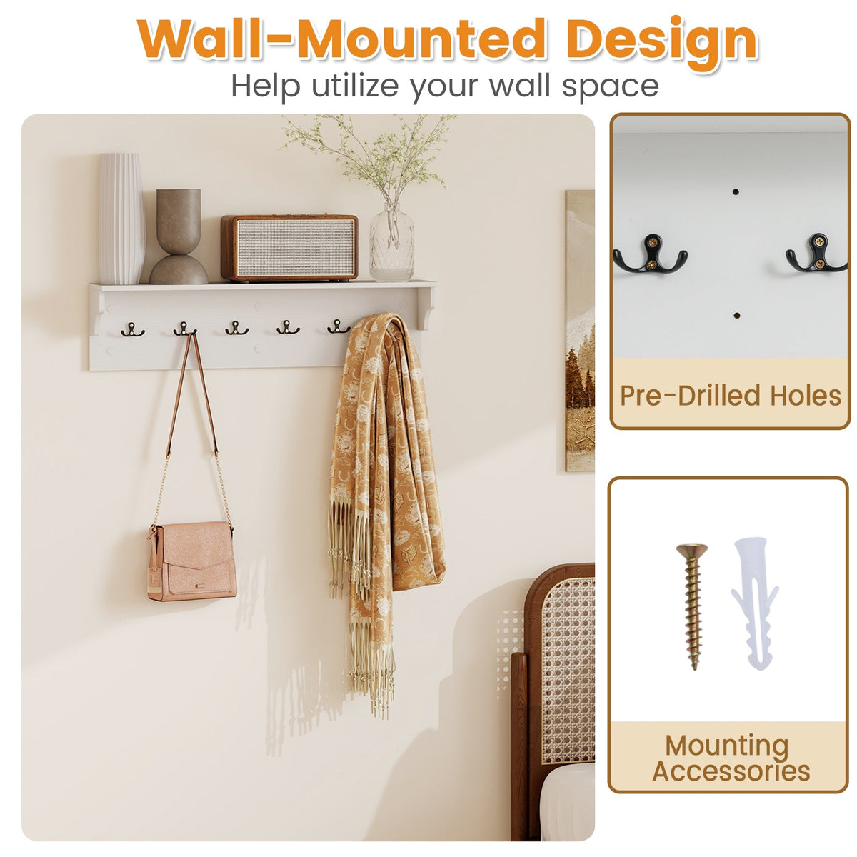 Wooden Wall Coat Rack with Shelf & 6 Hooks