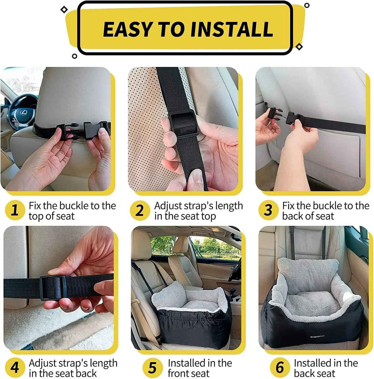 Instructional graphic showing six steps to install a car seat booster seat, with numbered panels demonstrating how to buckle and strap the product into front and back seats. A yellow header at the top reads 'EASY TO INSTALL'.