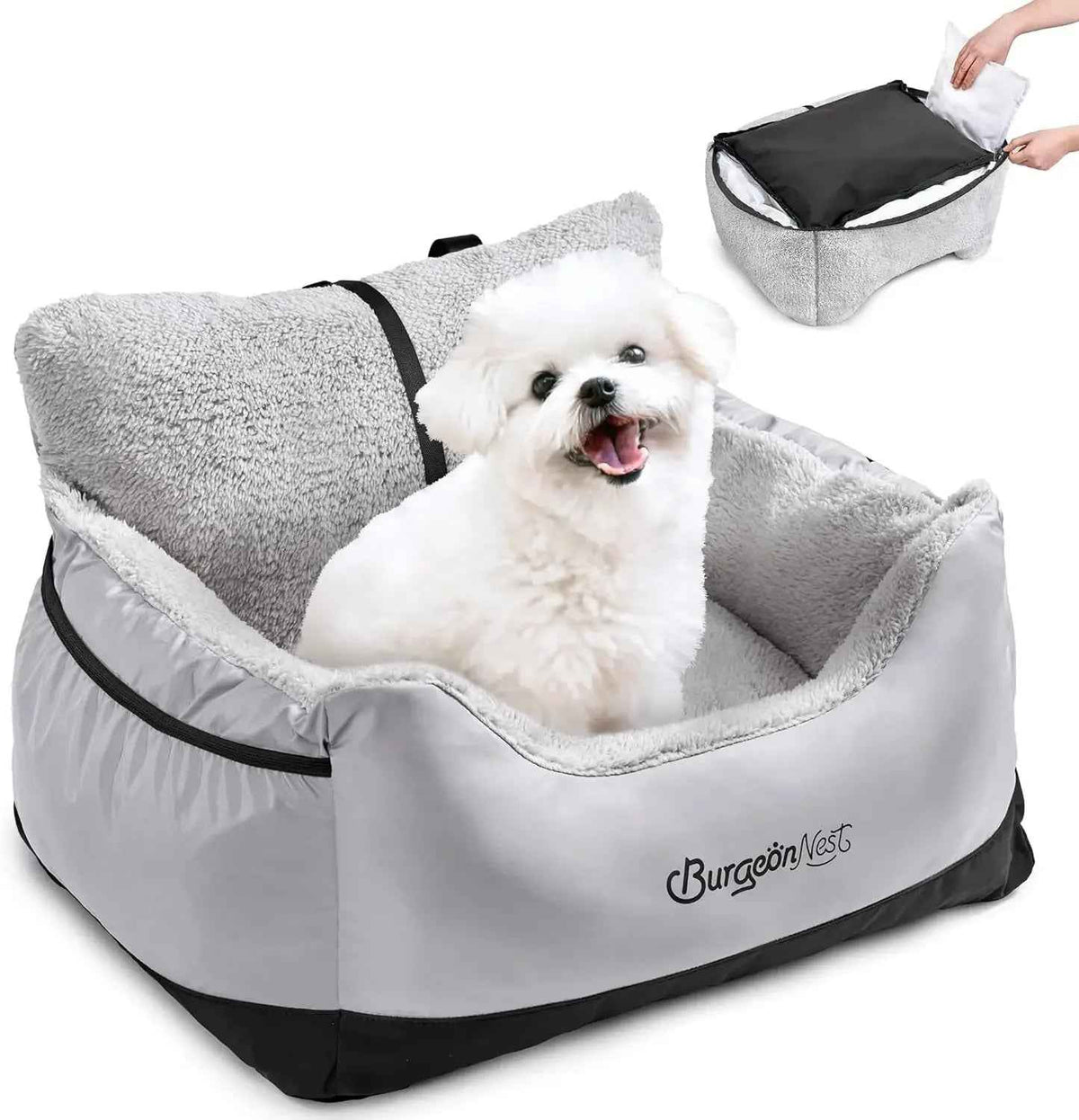 Dog sitting in a gray pet carrier with a detachable pillow, branded 'Burgeonest'.