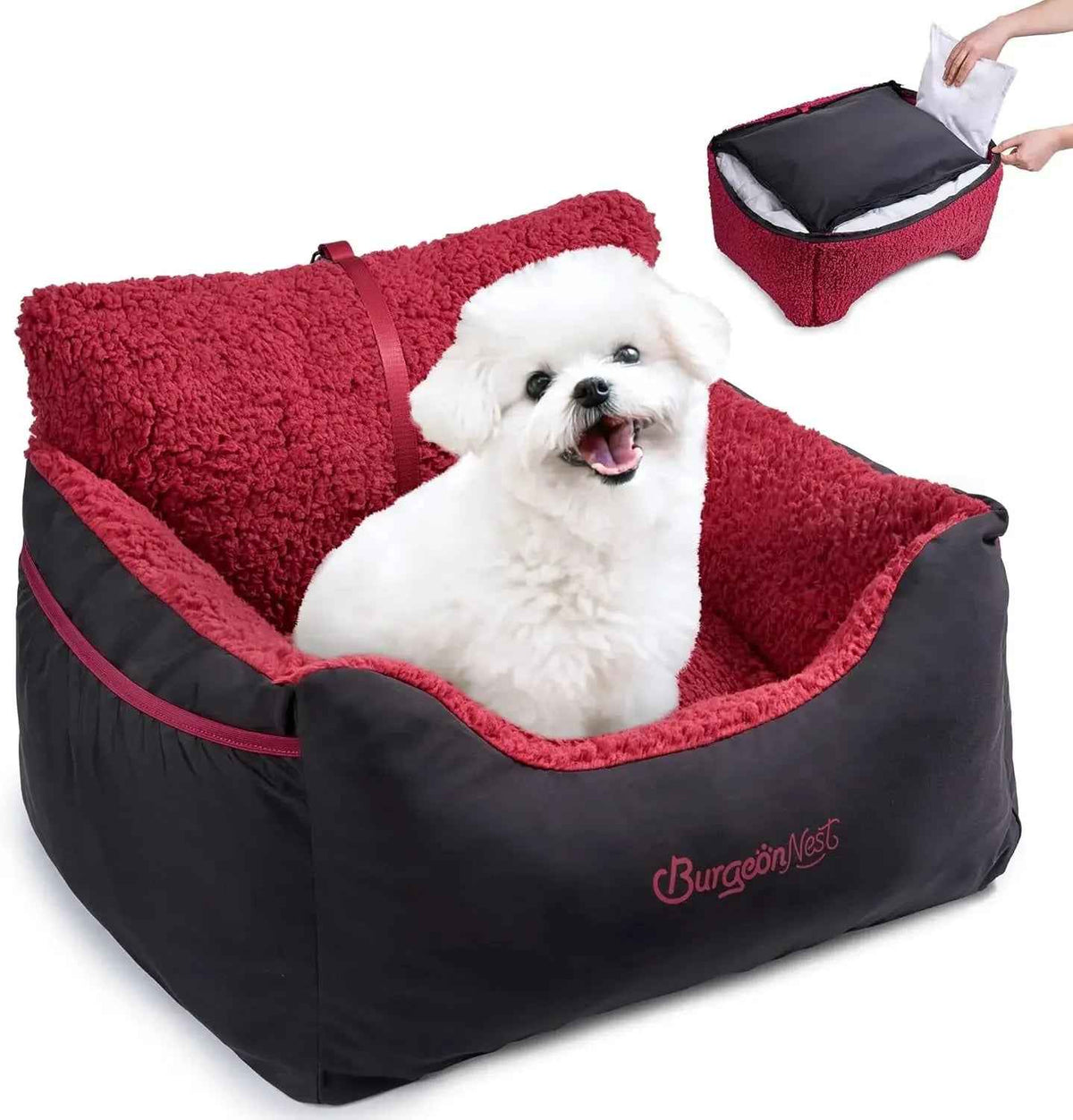 Red and black pet bed with a white dog inside, Burgon & Ball branding visible.