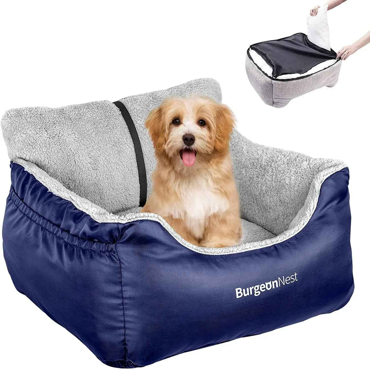 Dog sitting in a blue and gray pet bed with 'BurgeonNest' branding.