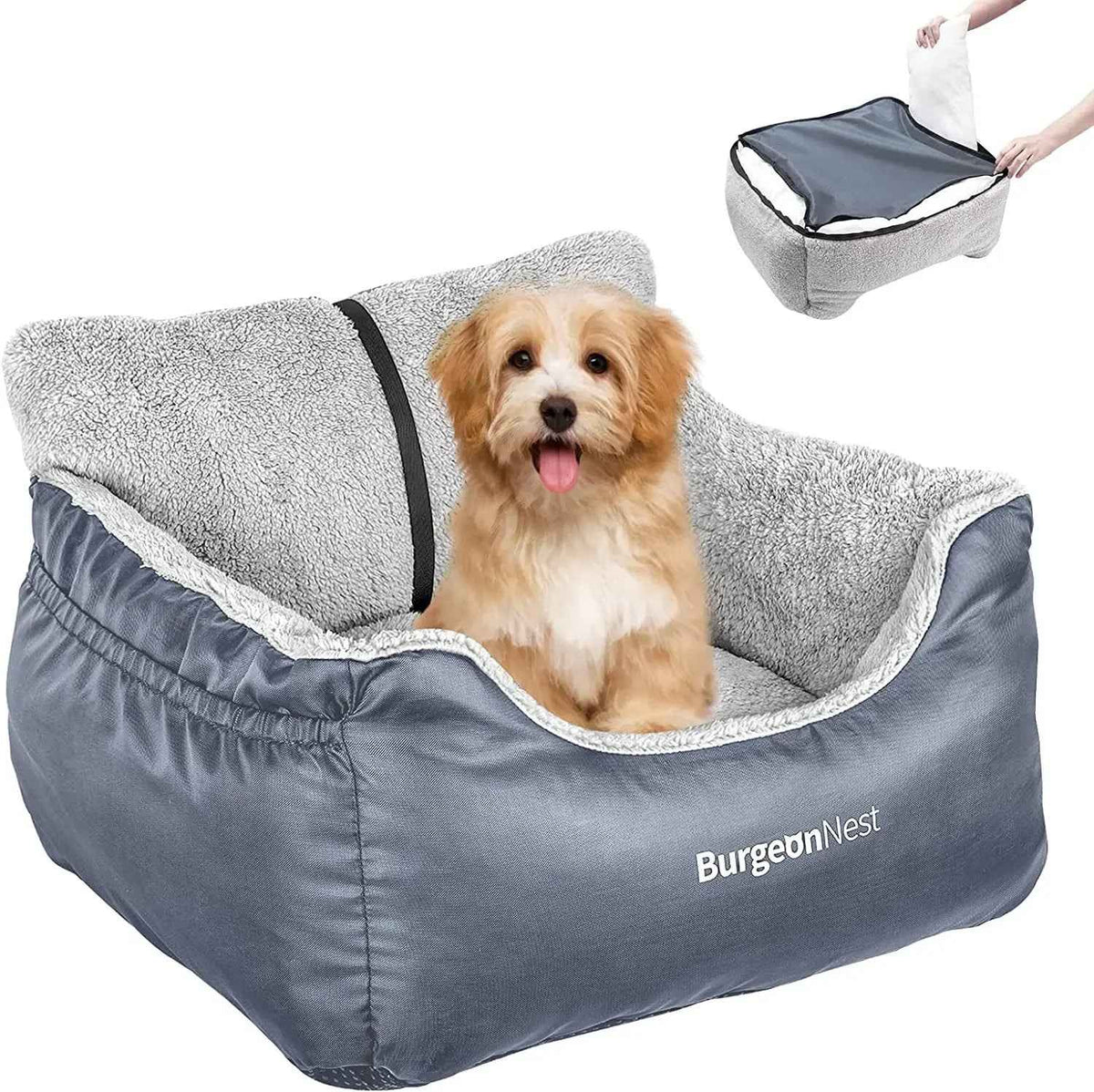 Dog sitting in a gray pet bed with a detachable pillow, branded 'BurgeonNest'.