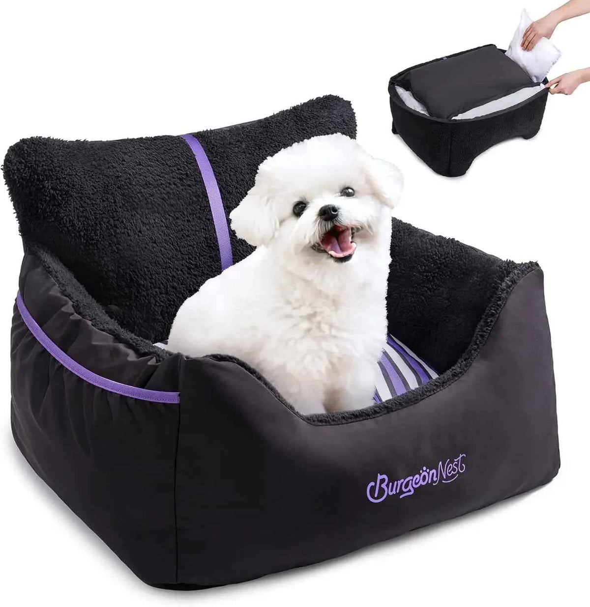 Black pet carrier with a white dog inside, featuring the brand 'Burgeon'.