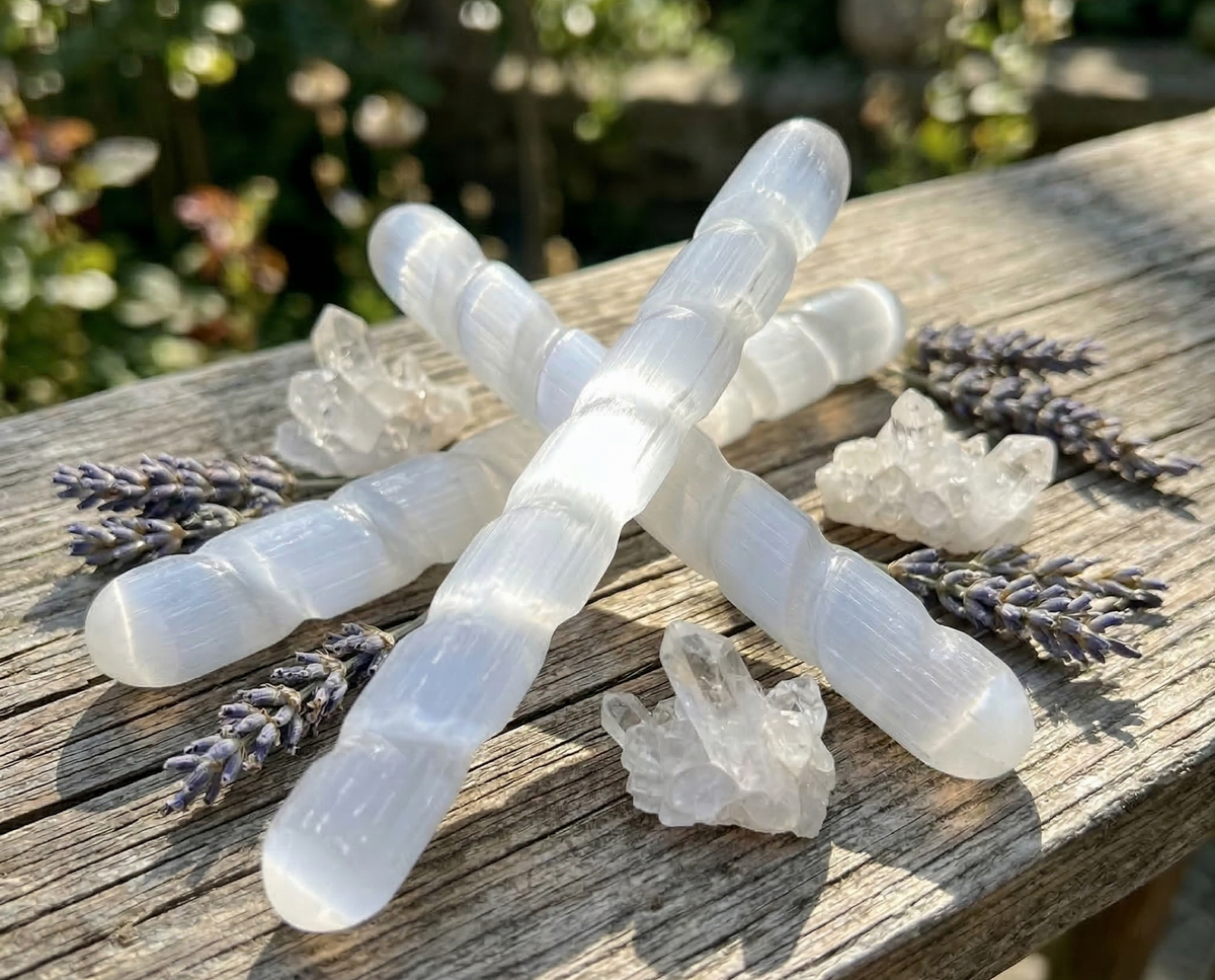 White selenite satin spar spiral wands crossed on sunlit wood with quartz clusters and lavender sprigs.
