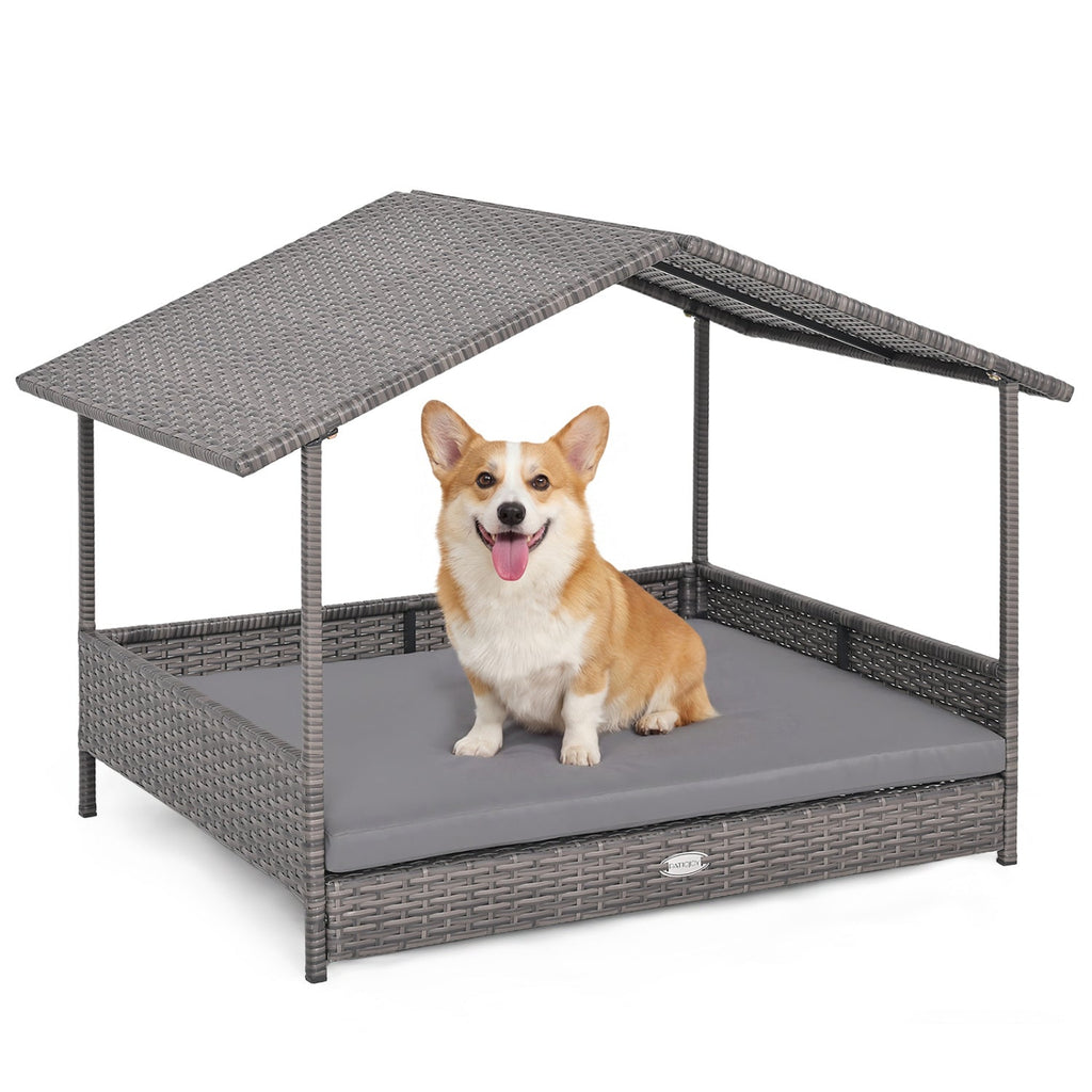 Elevated PE Rattan Doghouse with Canopy