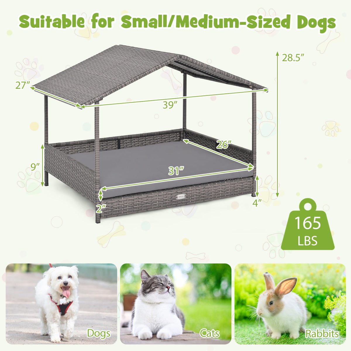 Elevated PE Rattan Doghouse with Canopy