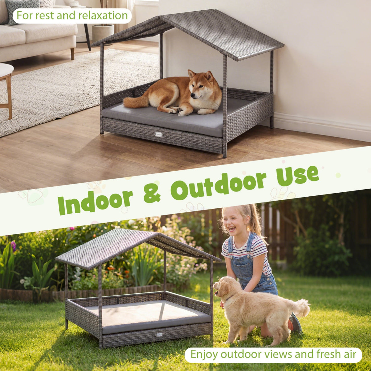 Elevated PE Rattan Doghouse with Canopy