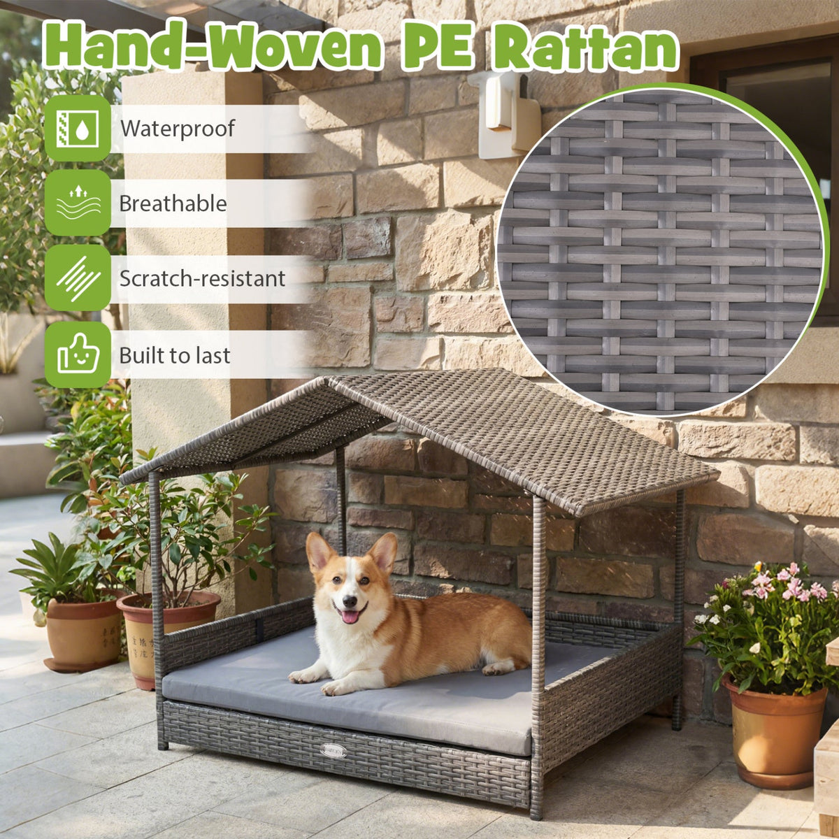 Elevated PE Rattan Doghouse with Canopy