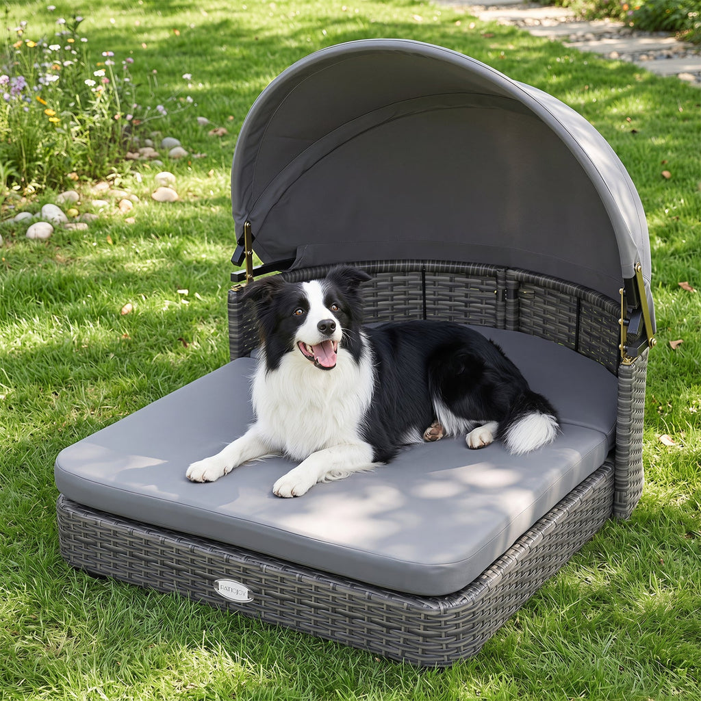 Outdoor Wicker Dog Bed with Adjustable Canopy & Cushions
