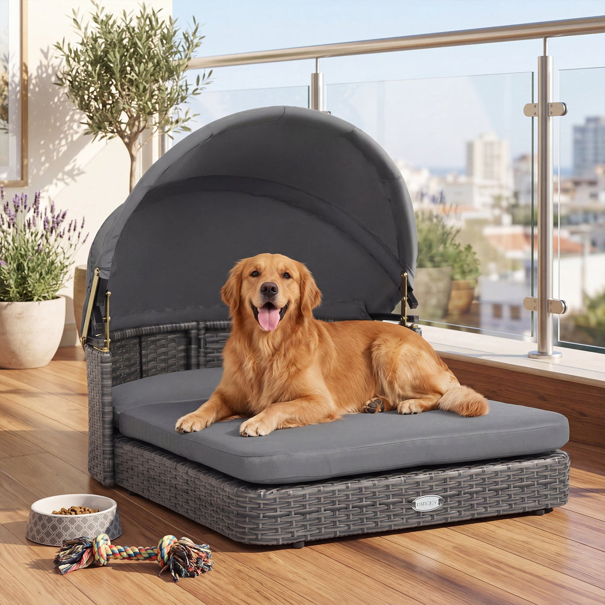 Outdoor Wicker Dog Bed with Adjustable Canopy & Cushions