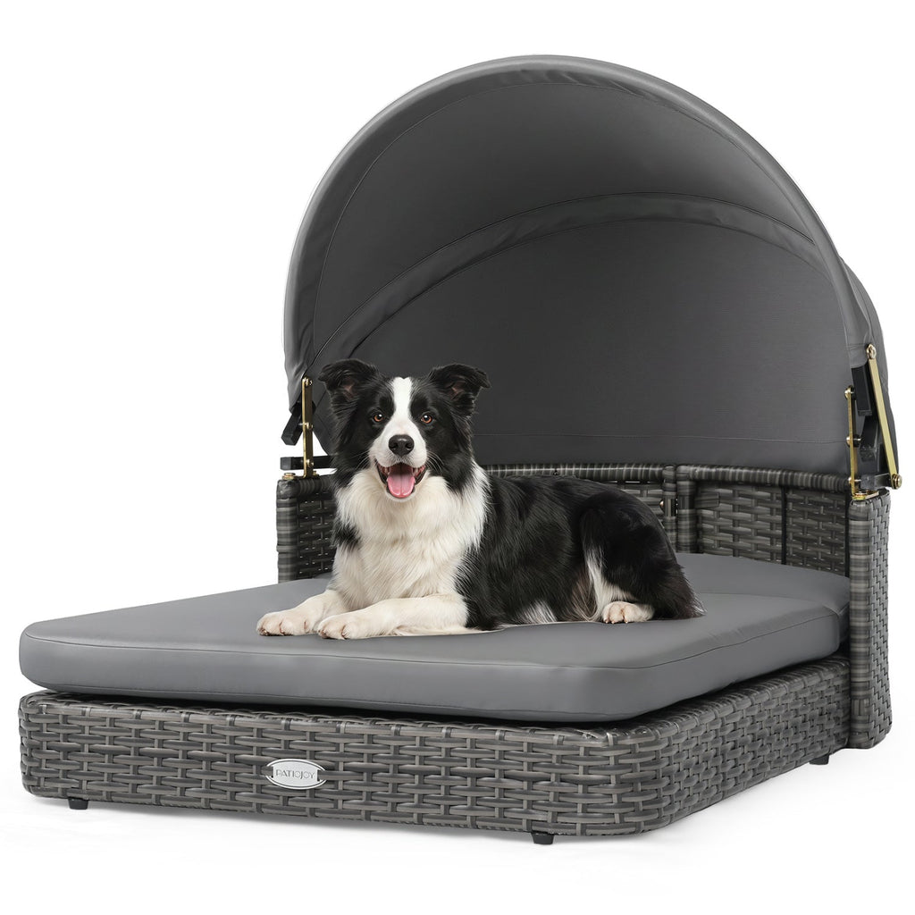 Outdoor Wicker Dog Bed with Adjustable Canopy & Cushions