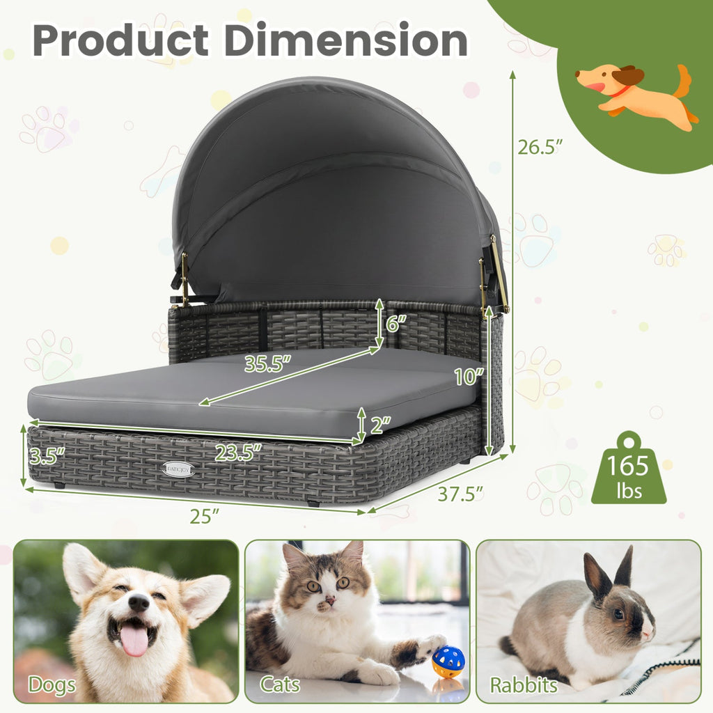 Outdoor Wicker Dog Bed with Adjustable Canopy & Cushions
