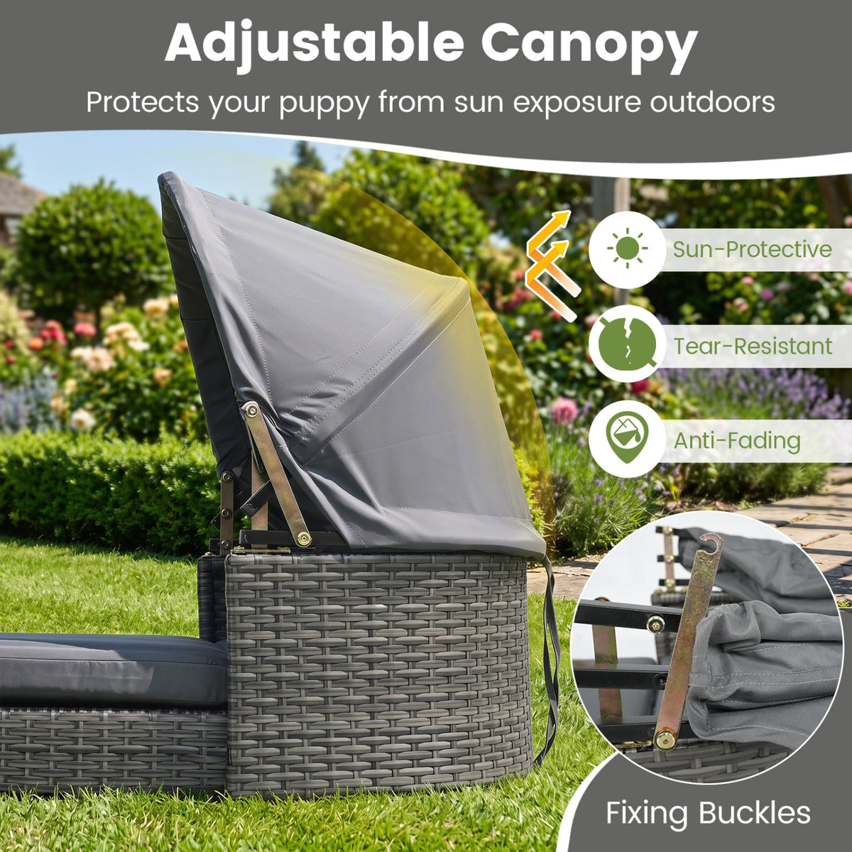 Outdoor Wicker Dog Bed with Adjustable Canopy & Cushions