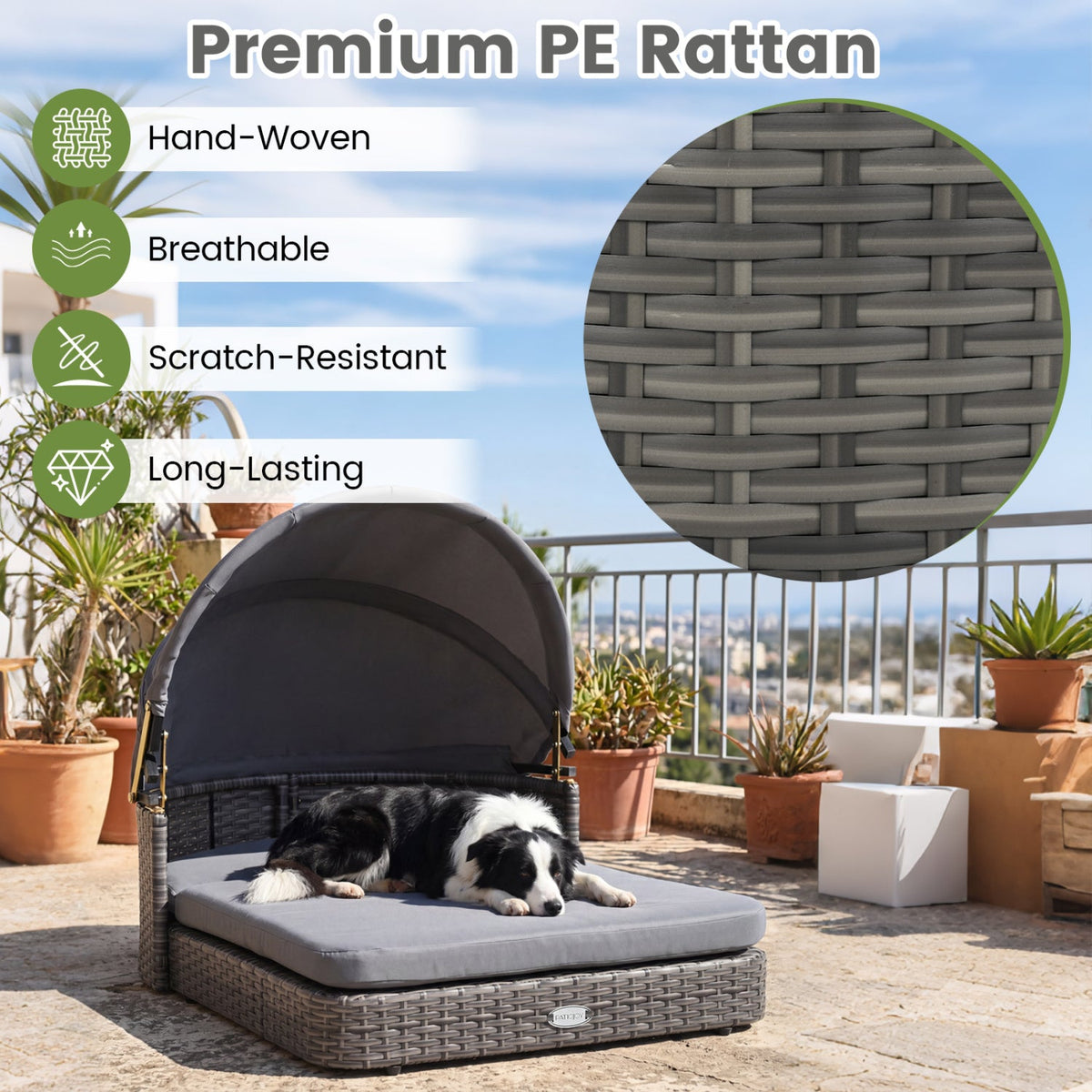 Outdoor Wicker Dog Bed with Adjustable Canopy & Cushions