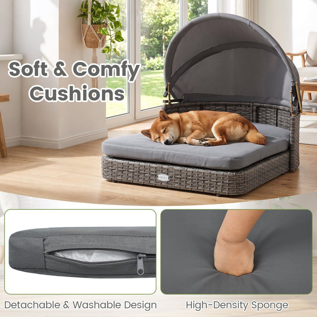 Outdoor Wicker Dog Bed with Adjustable Canopy & Cushions