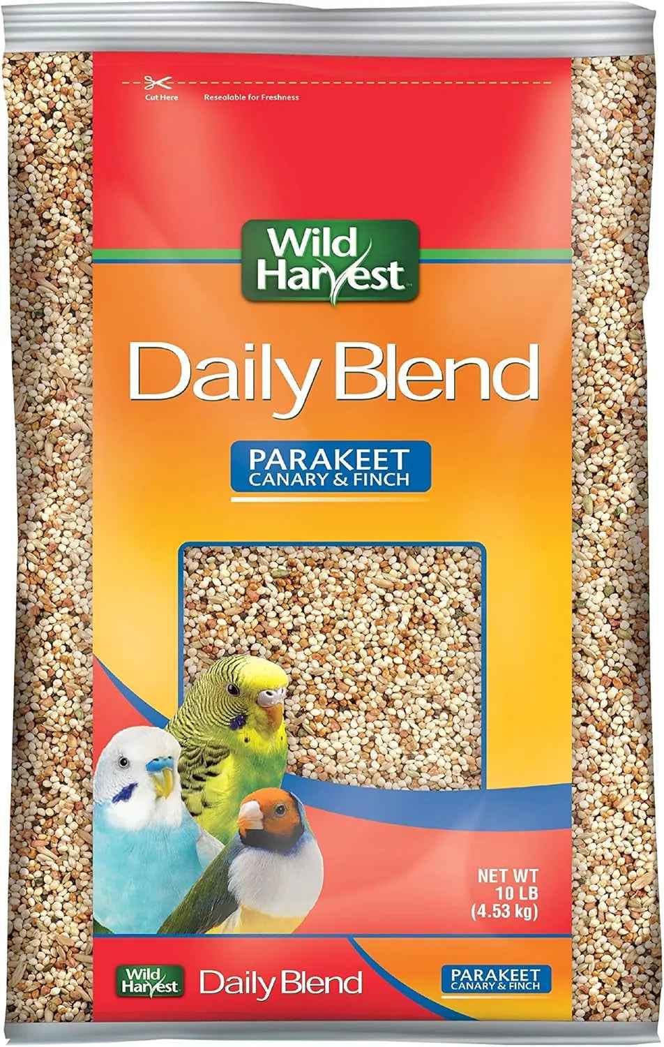 Wild Harvest Daily Blend Parakeet Canary & Finch bird seed in a 10 lb bag, featuring a red, orange, and yellow label with pictures of colorful parakeets.