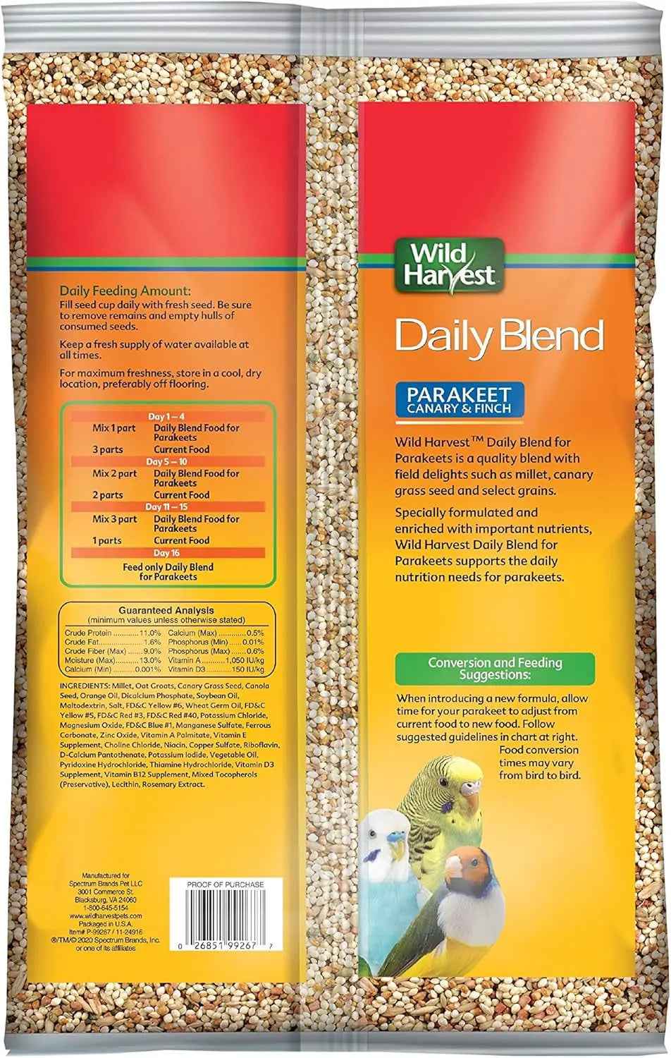 A bag of Wild Harvest Daily Blend Parakeet Canary & Finch bird seed, showing both the front and back panels of the packaging. The bag contains a mix of beige and brown bird seed visible through clear windows, with red, yellow, and green branding colors.