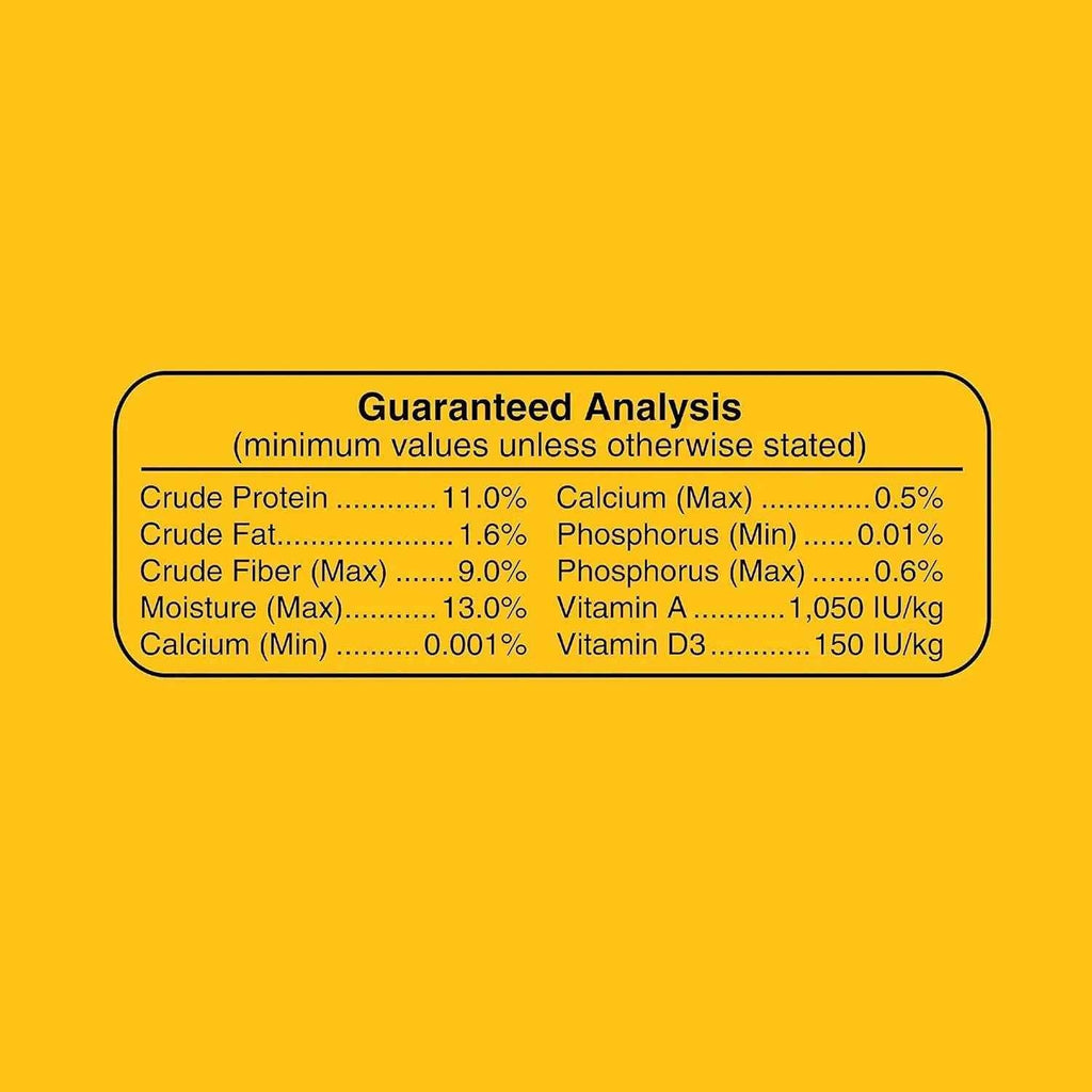 A yellow square graphic with a black rounded rectangular label reading 'Guaranteed Analysis' and a list of minimum nutrient values including Crude Protein, Calcium, Fiber, Moisture, and Vitamin D.