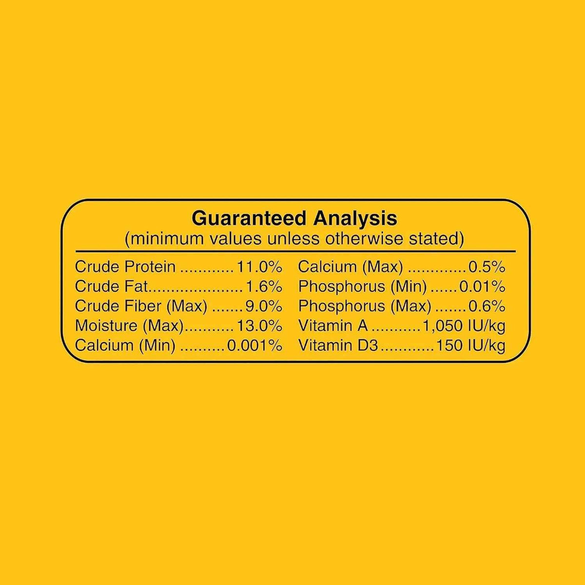 A yellow square graphic with a black rounded rectangular label reading 'Guaranteed Analysis' and a list of minimum nutrient values including Crude Protein, Calcium, Fiber, Moisture, and Vitamin D.
