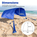 Blue beach canopy on a sandy beach with ocean view, showing dimensions and setup tips.