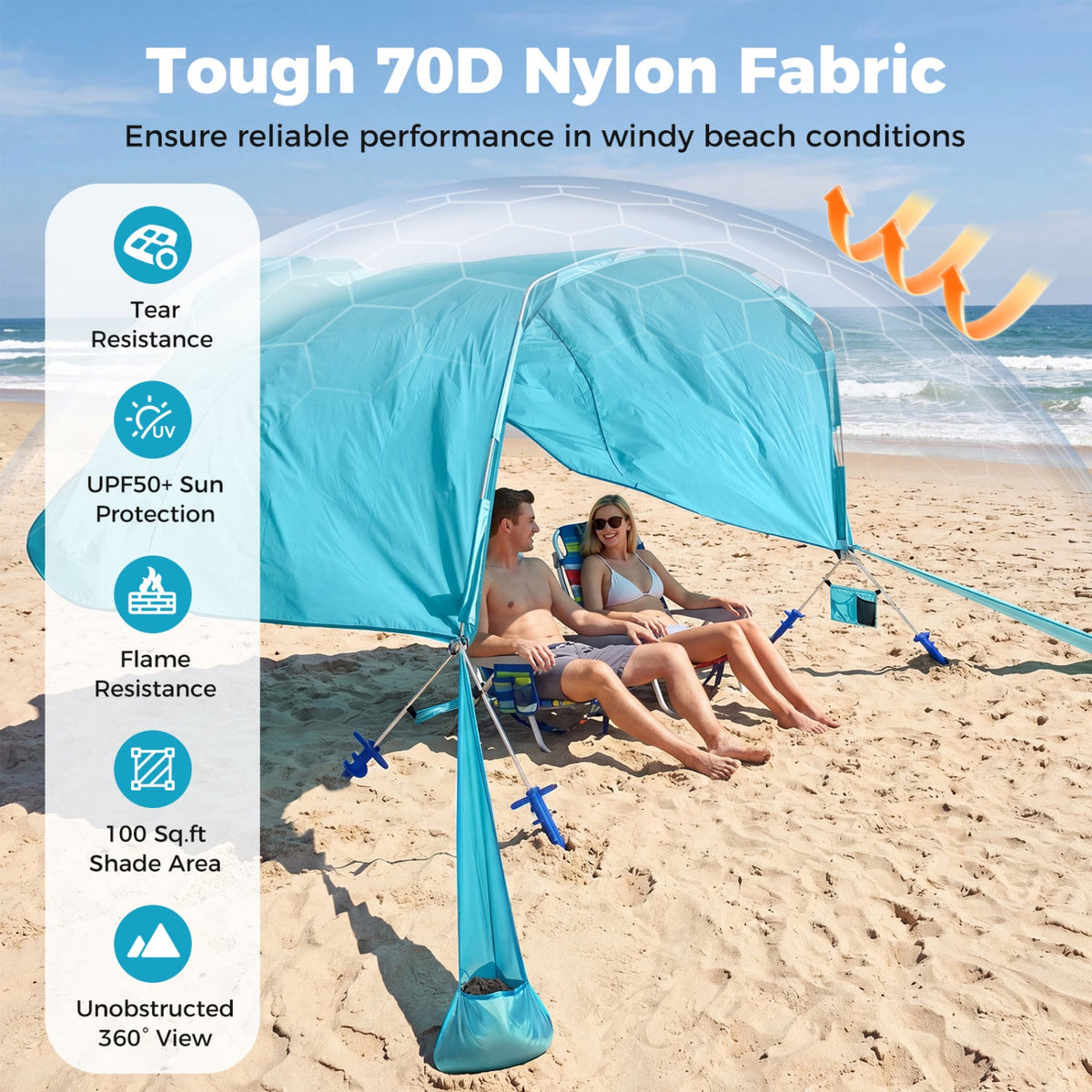 Blue beach tent with features listed on a sandy beach