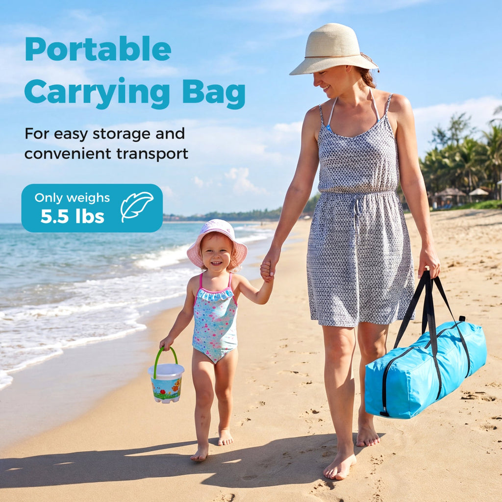 Woman and child on a beach with a portable carrying bag, text about weight and use.